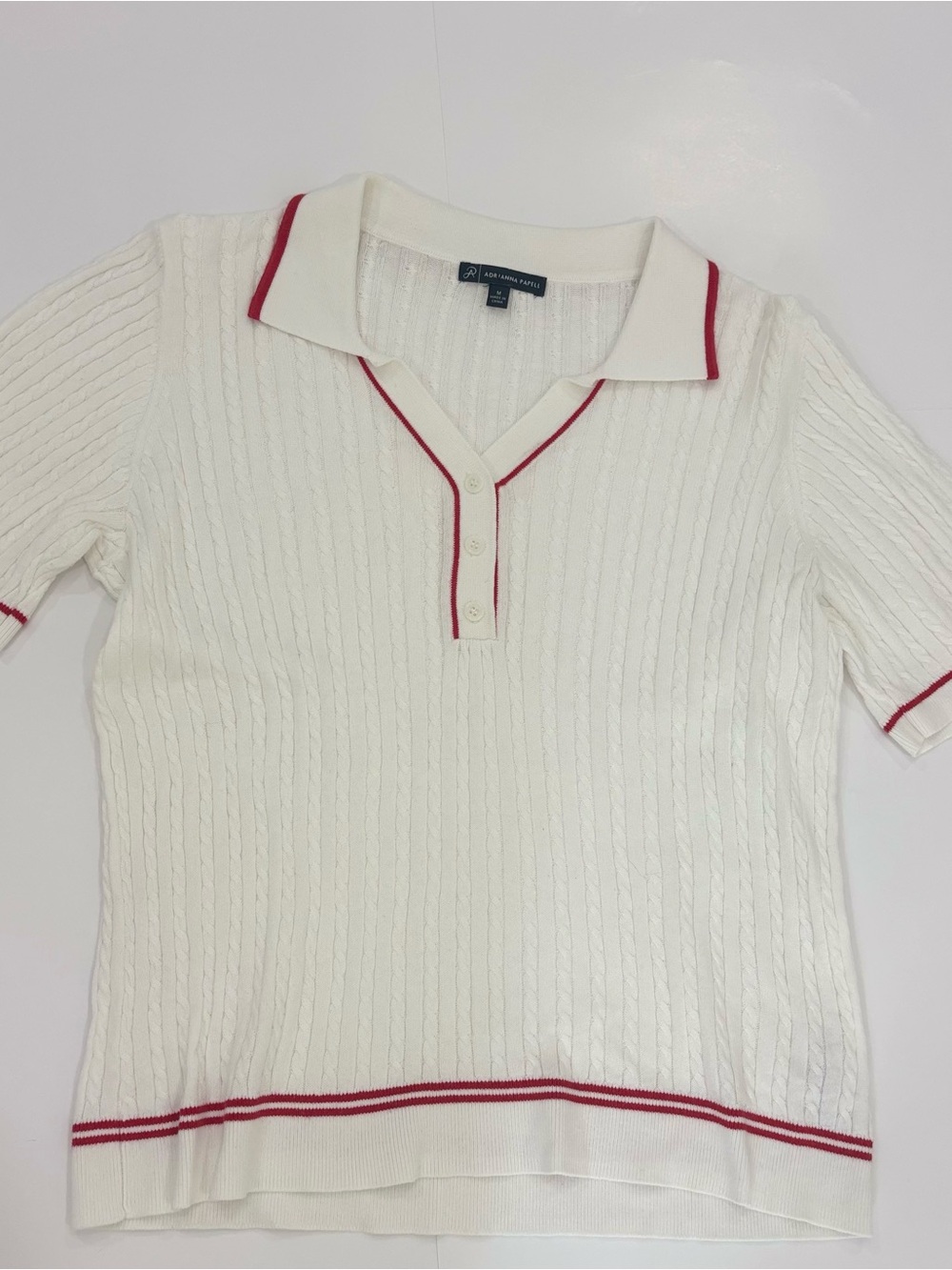 Adrianna Papell Cable Knit Polo Sweater Cream Red M